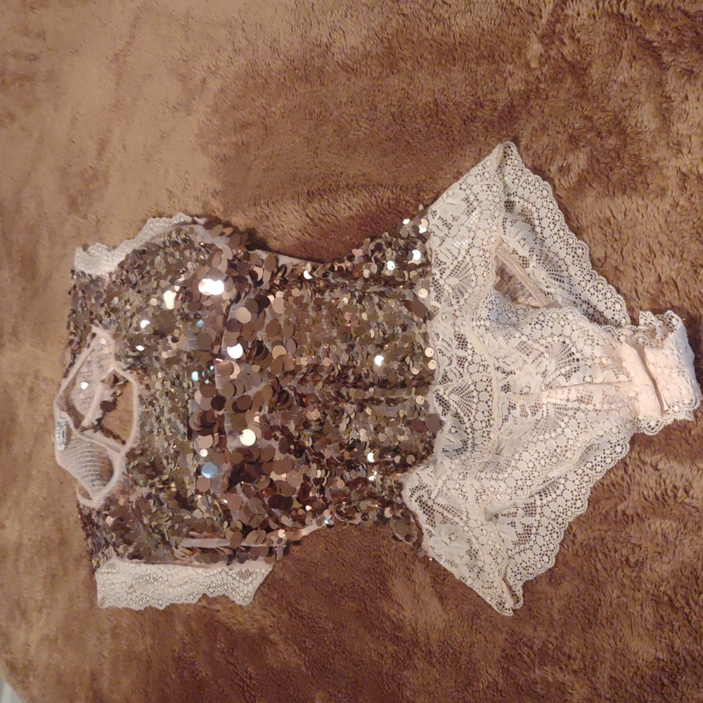 Free People Sequin Lace Bodysuit in Gold and Cream